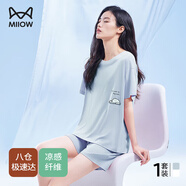貓人（MiiOW）女士睡衣女夏季薄款舒適棉圓套頭領(lǐng)短褲寬松可外穿家居服套裝