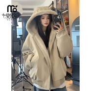 莫代爾棉服外套女士2025新款冬季加絨連帽開(kāi)衫衛衣女式保暖外穿棉衣夾克 杏色 M 95-115斤