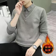 LA海瀾之家同款男士冬季加絨加厚男裝假兩件襯衫男毛衣針織衫高檔保 襯衫領(lǐng)繡花【加絨】卡其色 加厚 L 建議 90-110斤