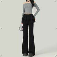 芭蕾風(fēng)假兩件高腰休閑褲女2025新款冬季修身顯瘦垂感荷葉邊喇叭褲 黑色長(cháng)褲單褲 XXS S