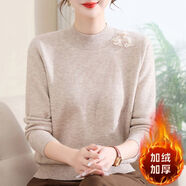 紫淑（Sweet basil）新款媽媽裝半高領(lǐng)加絨加厚毛衣中老年女秋冬季寬松洋氣打底衫上衣 米色【加絨】 4XL 建議130-140斤