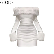 GIOIO純欲風(fēng)一字肩長(cháng)袖連衣裙女秋季2025約會(huì )戰袍毛毛拼接收腰包臀短裙 杏色短裙【優(yōu)質(zhì)版】 S