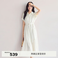 伊芙麗（eifini）蔣欣代言醋酸腰帶收腰蛋糕A擺通勤襯衫式連衣裙女2025夏裝新款 米白 M 105-115斤