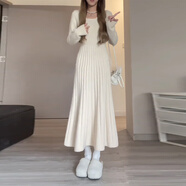 閨蜜裝長(cháng)裙學(xué)生大碼胖妹妹收腰豎條方領(lǐng)針織連衣裙女春秋內搭溫柔 杏色【優(yōu)質(zhì)版】 S 碼（建議80-90斤b