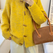 AEMAPE慵懶復古麻花加厚圓領(lǐng)開(kāi)衫毛衣女2025秋冬新款寬松外穿針織衫上衣 姜黃色 均碼