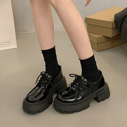 大東秘語(yǔ)復古英倫風(fēng)小皮鞋女春秋2025新款百搭森系黑色厚底增高松糕單鞋子 黑色亮光 35