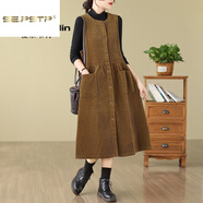 夏典素訂女王（SE.PSTP）復古燈芯絨背帶裙女2025春秋新款寬松大尺碼氣質(zhì)單排扣無(wú)袖背 卡其色今年流行的輕奢品牌 M 95-115