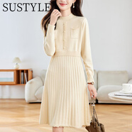 SUSTYLE奢侈高端品牌女裝高檔針織連衣裙新款百褶長(cháng)裙秋冬收腰顯瘦毛衣裙 米白色 M