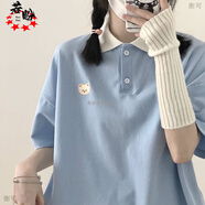 若盼夏季日系學(xué)院寬松Polo衫翻領(lǐng)短袖撞色小熊印花T恤甜美可愛(ài)上衣女  藍色 M 建議85斤-100斤