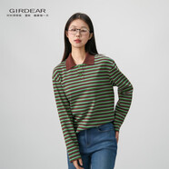 哥弟（GIRDEAR）新款miu系舒適休閑百搭顯瘦條紋POLO領(lǐng)上衣女1301050 綠咖條紋 S 2碼