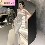 糜嵐氣質(zhì)名媛法式緞面飄帶晚禮服長(cháng)裙女高端輕奢包臀掛脖連衣裙6936 香檳色 S