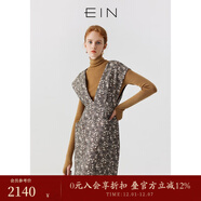 EIN言復古文藝典雅色織提花對稱(chēng)深V無(wú)袖背心式連衣裙春秋款 深啡 S