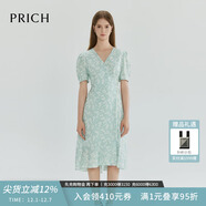 PRICH法式泡泡袖V領(lǐng)碎花魚(yú)尾連衣裙小清新收腰女長(cháng)裙 41淺綠色 XS 155