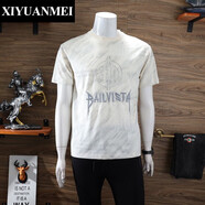 西原美 潮牌 t恤男 2024新款時(shí)尚韓版字母刺繡圓領(lǐng)領(lǐng)打底衫休閑百搭FD48 米白色 M