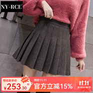 NY-RCE超a半身裙秋冬新款毛呢JK高腰短裙小個子顯瘦百褶裙黑色裙 灰色【秋冬毛呢】 S