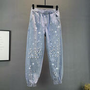牛仔褲女潮2025春夏新款歐貨ins寬松顯瘦松緊腰釘珠哈倫束腳褲女 淺藍色淺藍色1409#### S 80-93斤