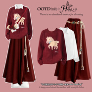 納琳雅Nalinya圣誕穿搭紅色針織套裝女2026冬裝一整套馬年本命年套裝 小馬紅毛衣+白襯衫+紅褲裙 A4654 S 建議75-95斤