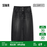 森馬森柔牛仔|牛仔半身裙女高腰開(kāi)叉顯腿長(cháng)春復古毛邊直筒裙個(gè)性 牛仔水洗黑98201 M