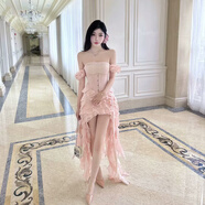金泫雅越南掛脖不規則重工荷葉邊流蘇連衣裙度假長(cháng)裙+腰封套裝裙 粉紅色 L
