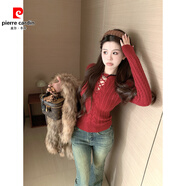 皮爾卡丹秋冬女士圓領(lǐng)針織衫修身長(cháng)袖加厚麻花針織衫配性感辣妹緊身上衣 紅色 M