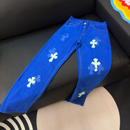 克羅心（chrome heart）歐洲站潮牌弗 克羅心十字架牛仔褲男女款藍色長(cháng)褲感美式褲子 寶藍色 XL 34碼