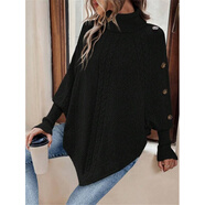 JPUZ歐美絞花女式羊·毛衣女2025時(shí)尚高領(lǐng)寬松紐扣裝飾長(cháng)袖蝙蝠針織衫 黑色 均碼