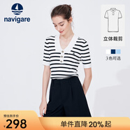 Navigare意大利小帆船短袖針織衫女士夏季顯瘦時(shí)尚條紋POLO衫V領(lǐng)毛衣T恤衫 科技白/黑 L 碼