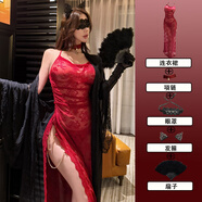 夢(mèng)特威格（Meng Te Wei Ge）weisgirl性感純欲御姐宮廷風(fēng)睡袍半透黑色蕾絲晨袍網(wǎng)紗睡衣薄睡裙 紅色【連衣裙+項鏈+眼罩+發(fā)箍+扇子】 M