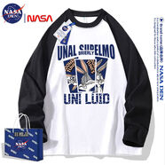 NASA聯(lián)名純棉拼色插肩長(cháng)袖t恤男女秋季新款韓版設計感小眾上衣潮 黑色拼白色 M M建議80-110斤