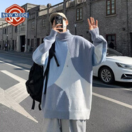 NEW OR MODE高領(lǐng)毛衣男秋冬季新款加絨加厚條紋針織衫寬松慵懶保暖高級感外套 XZ601-1-MY034藍色 XL