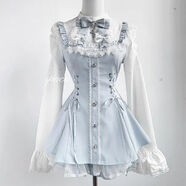 OIMG2025新款甜心洛麗塔蝴蝶結蕾絲長(cháng)袖短裙時(shí)尚收腰顯瘦暗黑系裙子 藍色蕾絲套裝裙 M