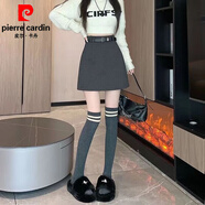 皮爾卡丹（pierre cardin）高級紋理設計感加厚毛呢半身裙女冬季新款純色高腰顯瘦a字短裙子 灰色復合有安全褲 腰帶實(shí)物為準 加厚 XS 70-80斤