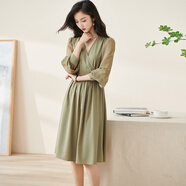 米思陽(yáng)（missshine）2024秋季新款氣質(zhì)淑女交疊V領(lǐng)連衣裙薄款長(zhǎng)袖大擺裙子2114 灰綠色  M