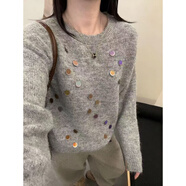 皮爾卡丹（pierre cardin）2025秋冬韓版亮片針織衫女慵懶風(fēng)寬松毛衣 淺灰色 均碼