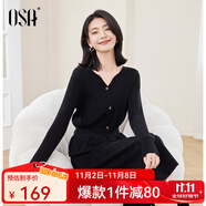 歐莎（OSA）復(fù)古紅色V領(lǐng)針織衫女冬季2025年新款軟糯毛衣收腰毛衣上衣 黑色 L