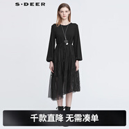 S.DEER圣迪奧春季女裝時(shí)尚圓領(lǐng)收腰網(wǎng)紗蕾絲長(cháng)袖連衣裙S22181207 黑色/91 L 170