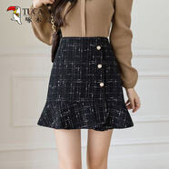 啄木鳥(niǎo)（TUCANO）高腰格子毛呢a字短裙女秋冬小香風(fēng)半身裙不規則荷葉邊魚(yú)尾裙包裙 黑色 S