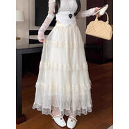 松緊腰杏色蕾絲花邊半身裙女夏季層次感網(wǎng)紗裙甜美百搭A字裙 蕾絲花邊裙杏色雙層面料 S S體重80-95斤