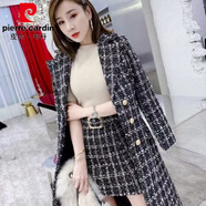 皮爾卡丹（pierre cardin）加棉加厚粗花呢大衣女中長(cháng)款冬季新款呢子女裝小香風(fēng)套裝裙兩件套 黑色單大衣 加棉加厚 S 80--95斤