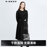 sdeer圣迪奧冬季女裝保暖舒適自然腰通勤涂鴉印花拼接不規則長(cháng)袖連衣裙S20481210 黑色/91 M/165