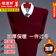 恒源祥2025秋冬新款羊毛衫男士保暖內穿毛衣加厚半高領(lǐng)針織打底羊毛絨衫 酒紅-V/領(lǐng) 加厚 L 新l款品170建議120-135