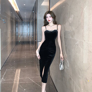 以歐（YIOU）金絲絨鑲鉆吊帶連衣裙秋冬年會(huì )修身顯身材包臀開(kāi)叉打底86278 黑色 M