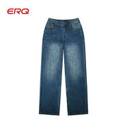 ERQ女式多色中腰直筒褲闊腿牛仔長(cháng)褲棉無(wú)彈901088 中藍色 M M