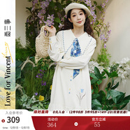 兩三事梵高文藝 滿(mǎn)枝香郁 2025春秋季新款文藝風(fēng)繡花印花領(lǐng)帶連衣裙 米色 S