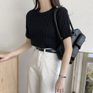 韓國chic夏季簡(jiǎn)約氣質(zhì)圓領(lǐng)麻花紋修身顯瘦純色泡泡袖針織衫上衣女 黑色 M M