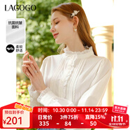 LAGOGO【抗菌抗皺】法式木耳邊白襯衫女士拉谷谷春秋長袖立領(lǐng)上衣 本白色(V1) S