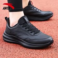 安踏男鞋運動(dòng)鞋男秋冬季男士軟底網(wǎng)面透氣跑步鞋休閑鞋皮面防水鞋子男 【皮面防潑水】全黑色 40.5 （7.5碼）