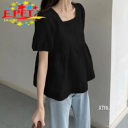 EPET新款韓版甜美風(fēng)方領(lǐng)泡泡袖短袖T恤女夏遮肉上衣法式肌理感娃娃衫 859黑色 3XL _[建議 140-160]