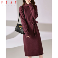 FSAT高端時(shí)尚秋冬純山羊毛衫女中長(cháng)款高領(lǐng)毛衣寬松過(guò)膝連衣裙針織打底 紫紅色 2XL