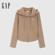 蓋璞女裝春季經(jīng)典款logo彈力羅紋拉鏈連帽長(cháng)袖T恤常規上衣729465